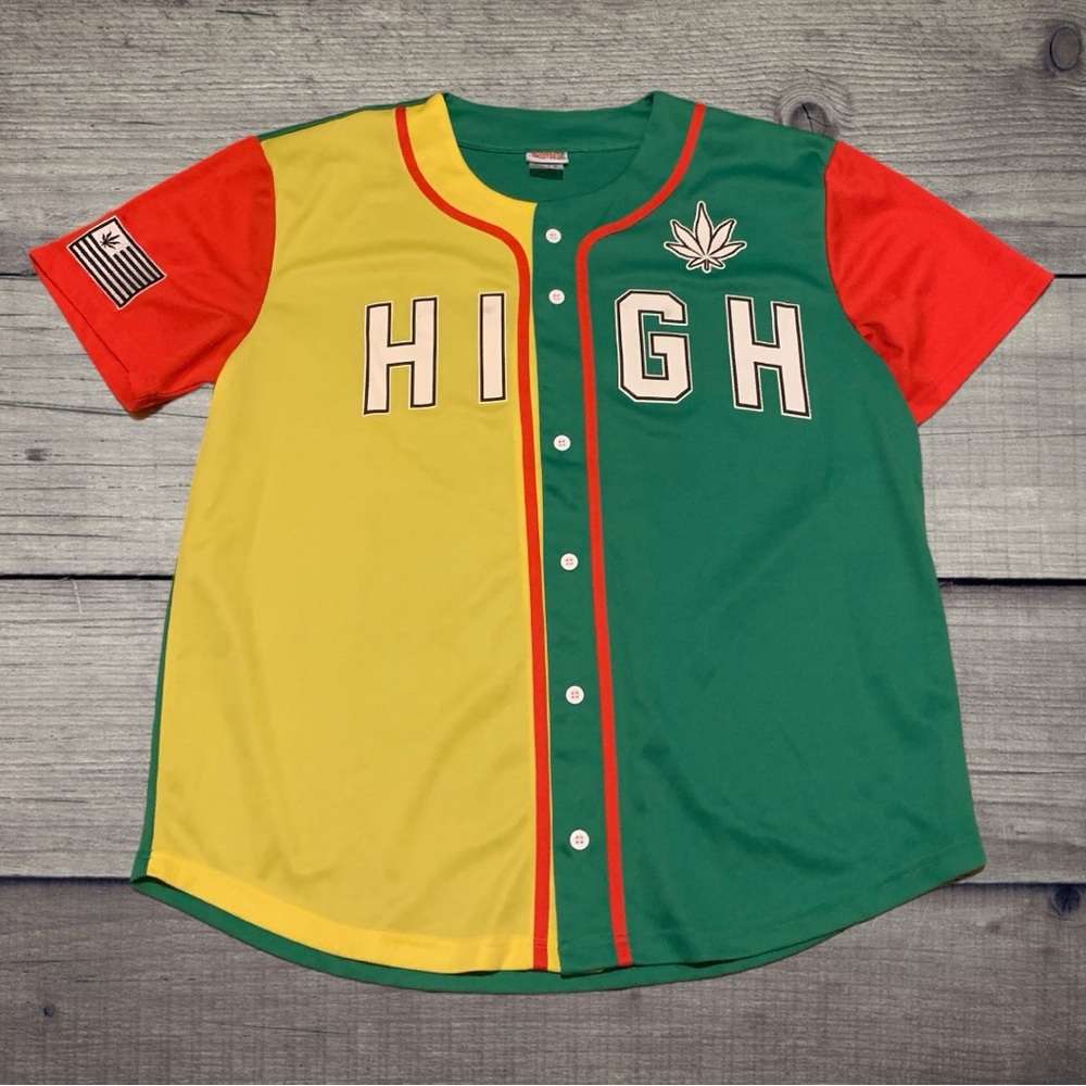 Men’s HIGH Funny Rasta 420 Shirt Green Baseball Jersey Novelty Y2K Hippie